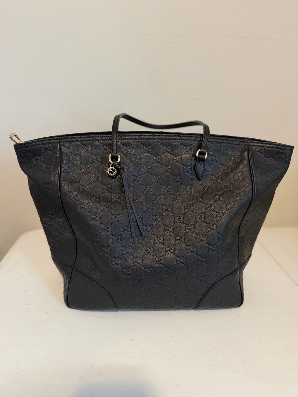 Gucci Black GG Embossed Tote with Gold Accent